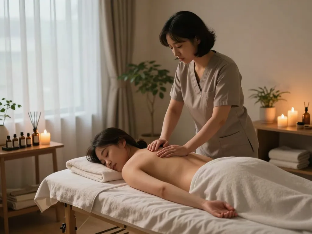 Enjoying a 서초출장마사지 at home, professional therapist providing soothing service in a tranquil environment.
