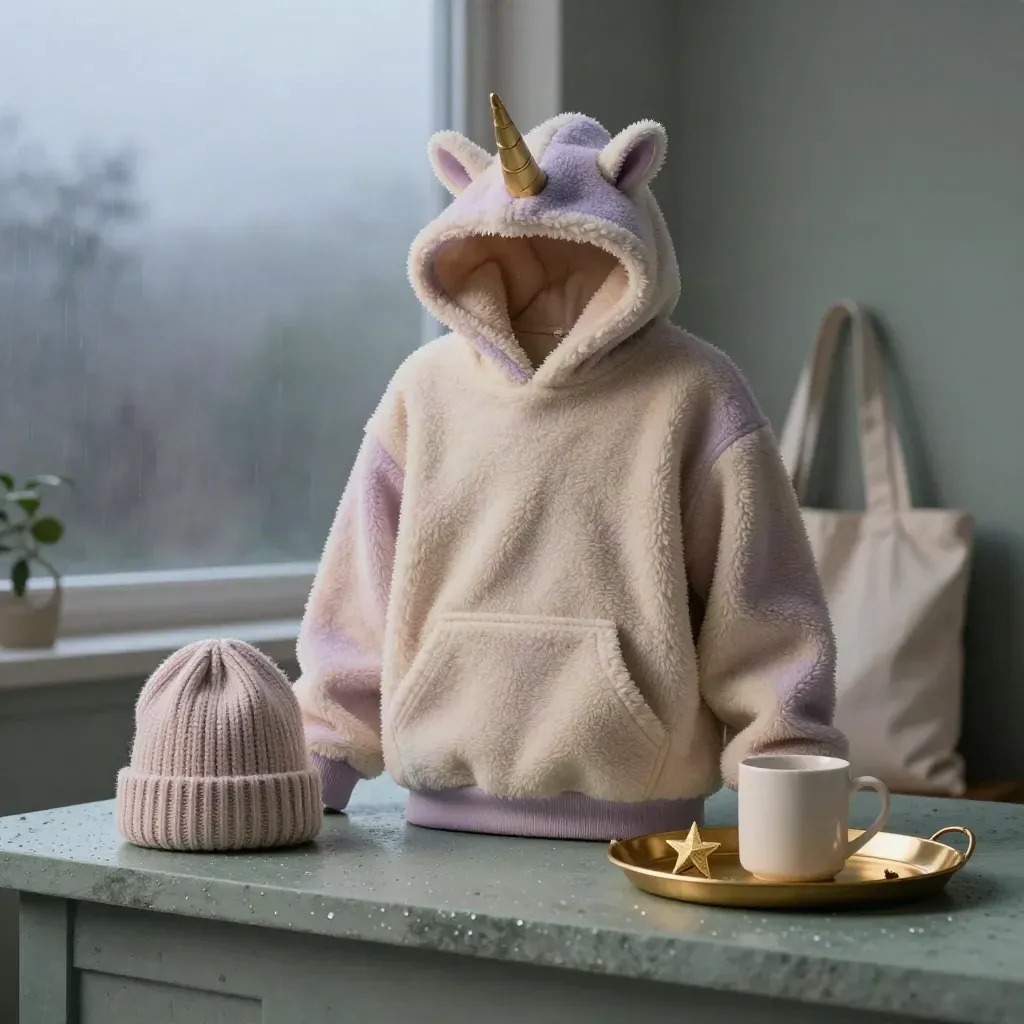 Pastel unicorn hoodie hero with beanie, tote, mug and tray on a misty dawn plinth.