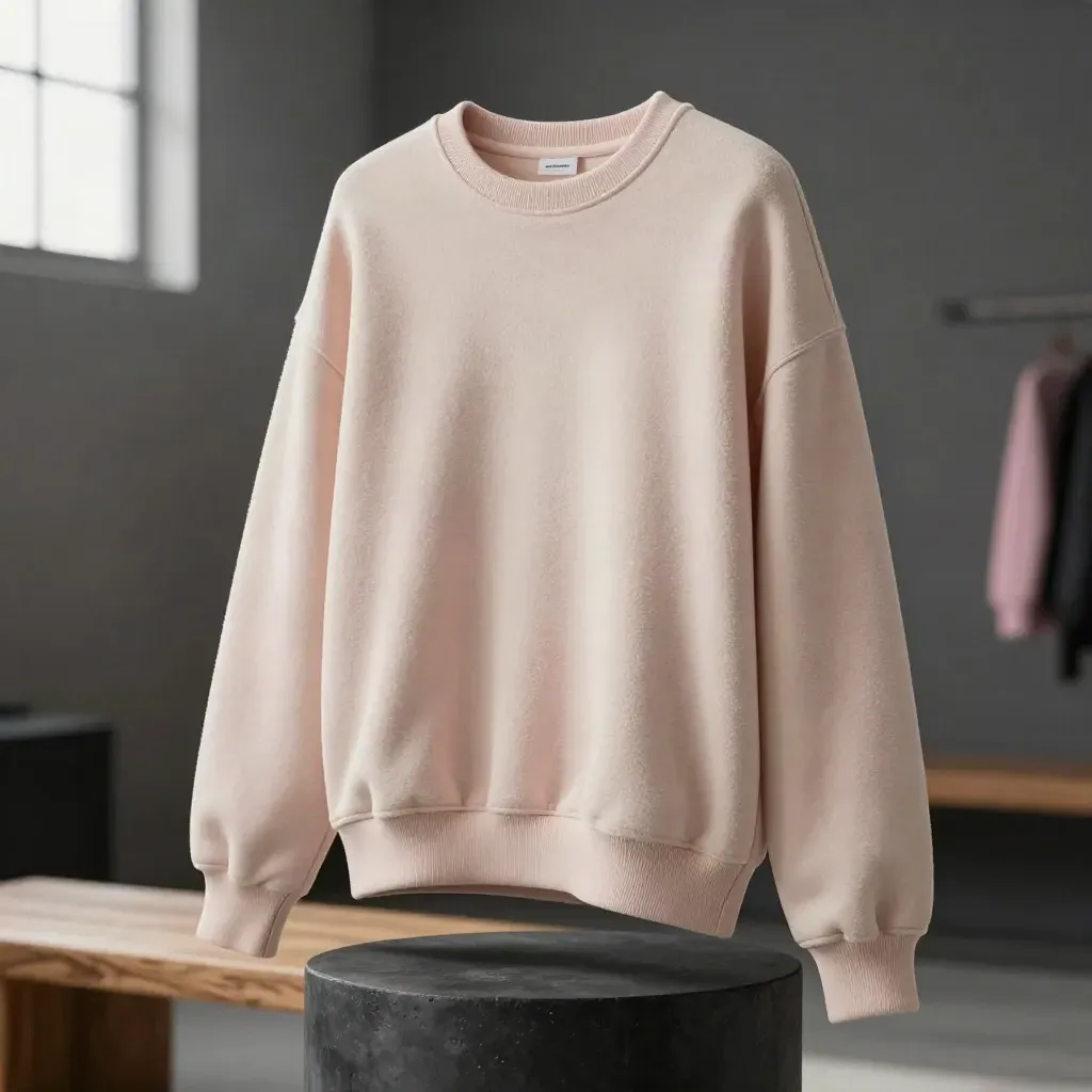 Pastel unicorn sweatshirt floating above a charcoal pedestal in soft moody light.