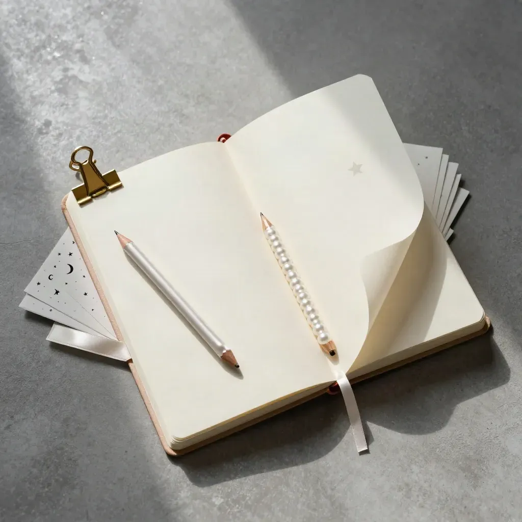 Overhead flatlay of a unicorn star notebook with ribbon, pencil, and star stickers on concrete