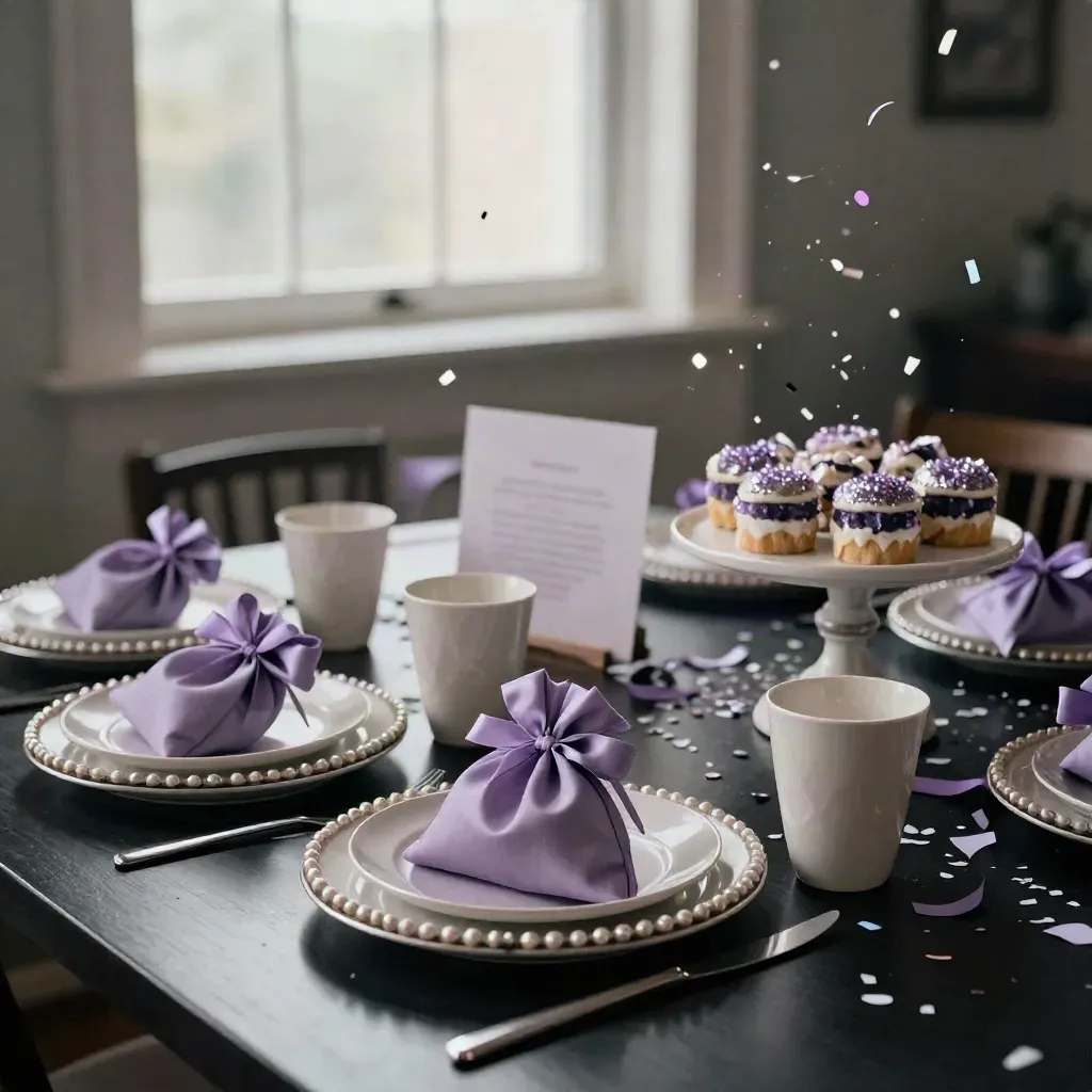 Unicorn party set with plates, cups, favor bags, cake stand, and confetti on a dark studio table.