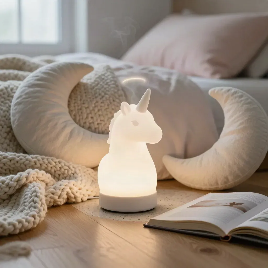 Frosted unicorn night light glowing beside a knit blanket, moon pillow, and face-down picture book.