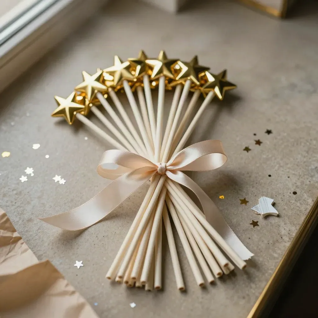 Star-tipped party favor wands tied with satin ribbon and confetti on matte stone