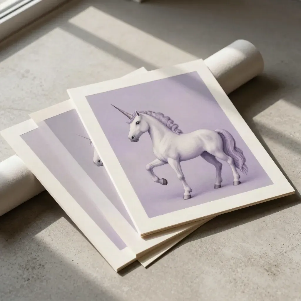 Three unicorn wall prints on concrete with rolled tubes, serene lavender-accent flatlay.