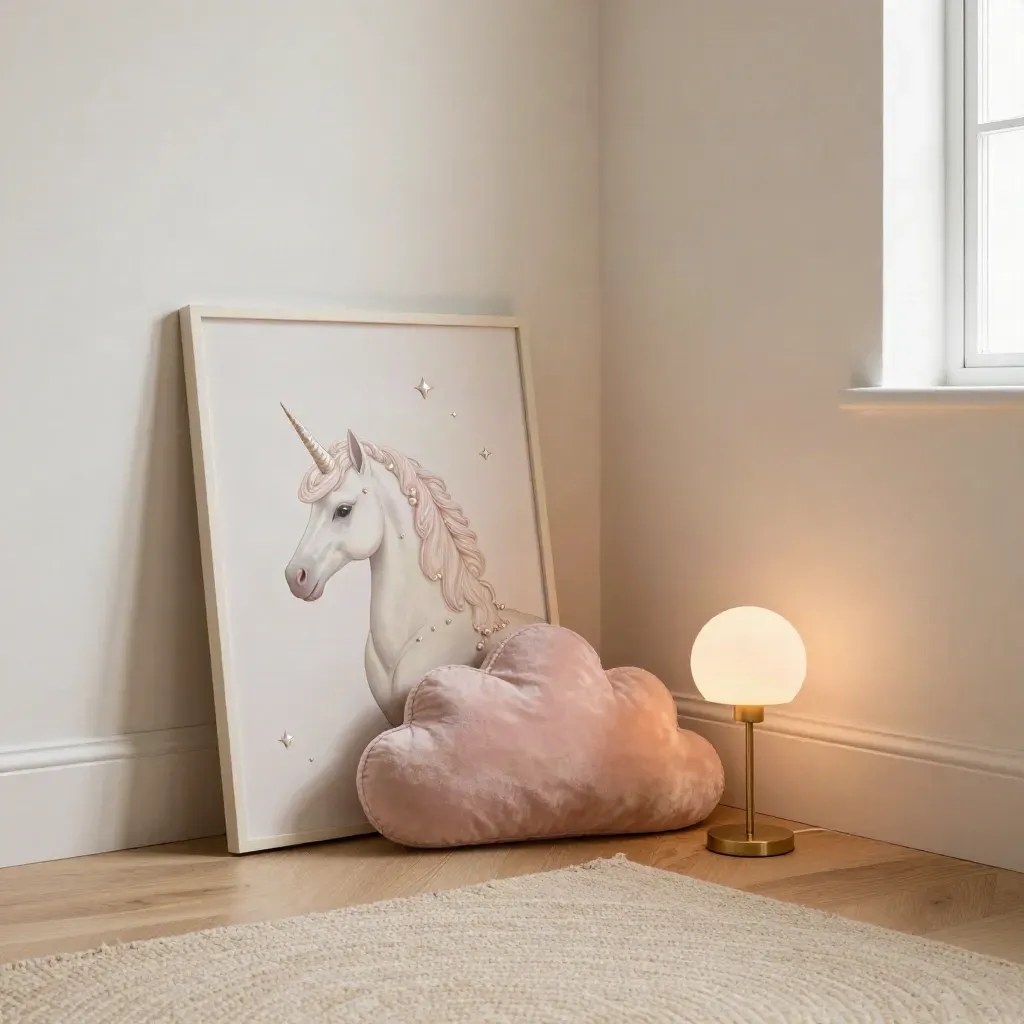 Pastel unicorn room corner with glowing lamp, plush pillow and wall art on a soft cream floor.