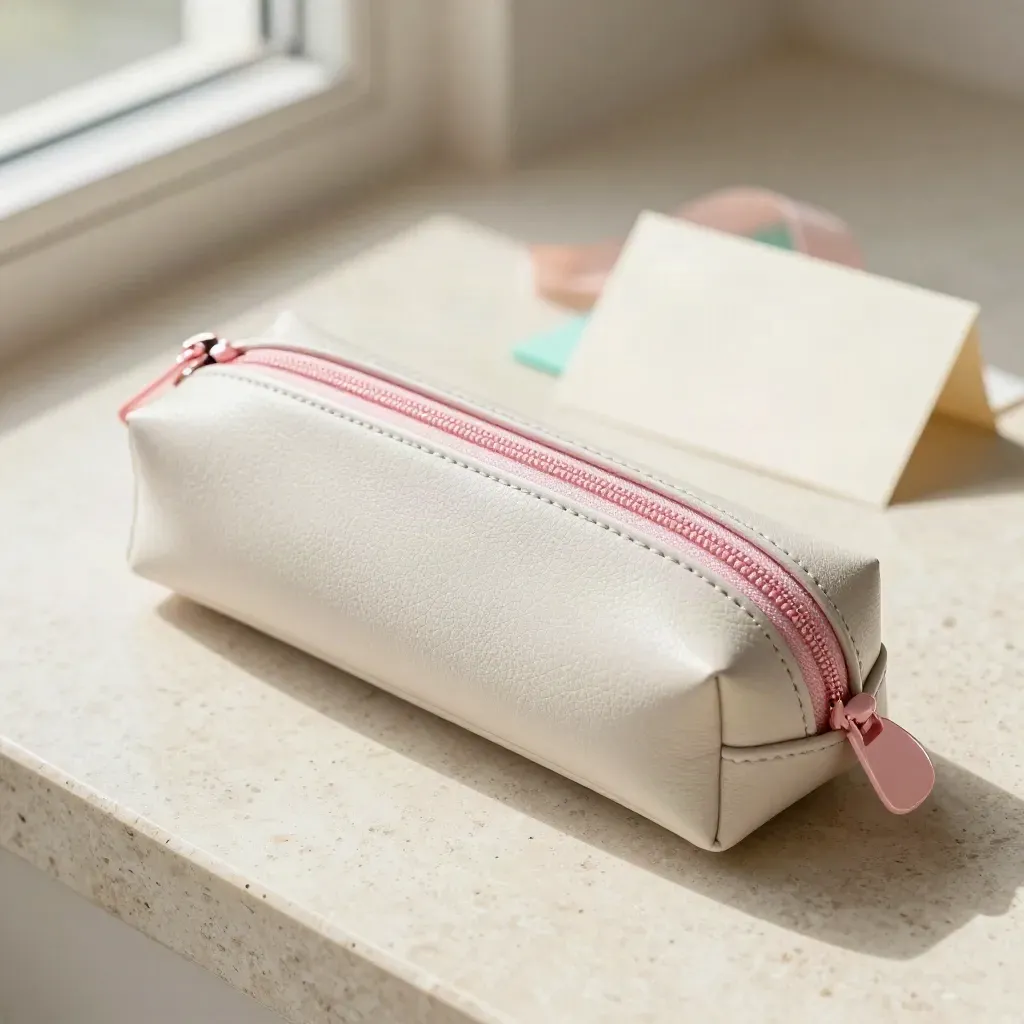 Pale pastel unicorn zip pencil case with pencil tips on travertine, softly lit product hero.