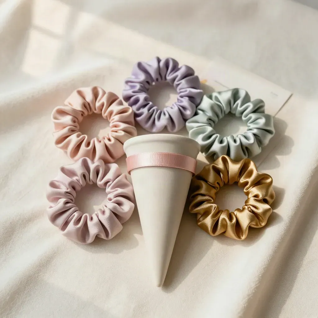 Overhead flat lay of four pastel scrunchies around a ceramic cone and ribbon on cream cloth.