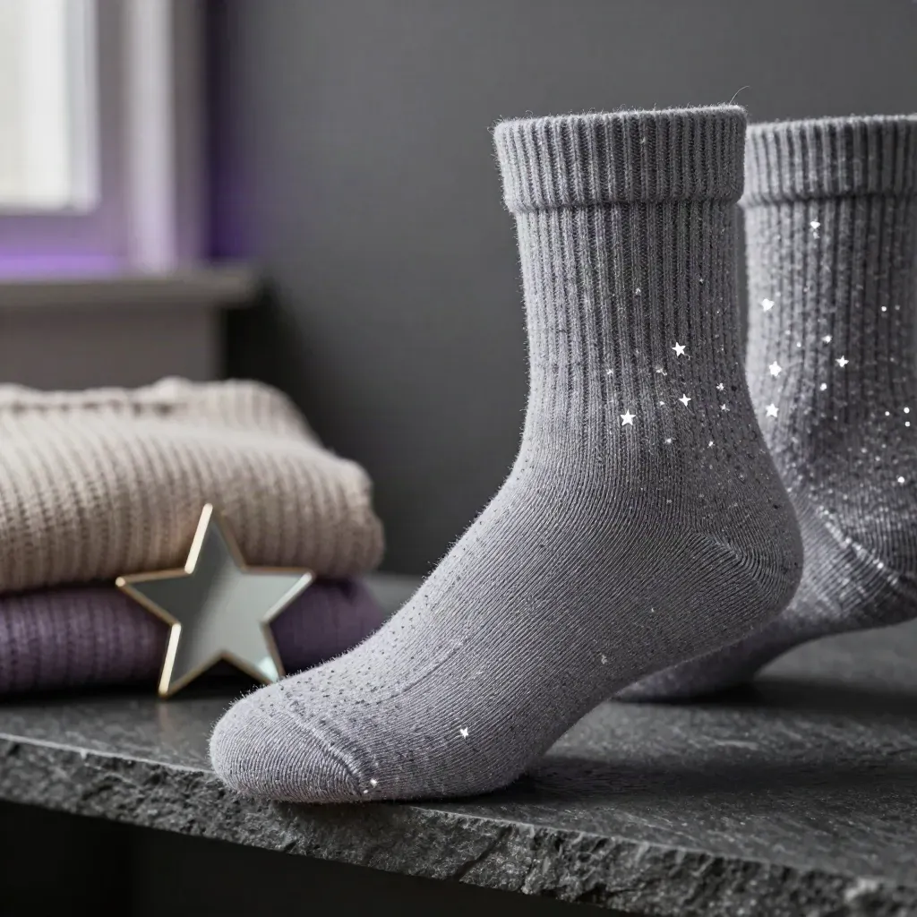 Macro of starry unicorn socks on a dark stone shelf with a folded sweater and mirrored star.