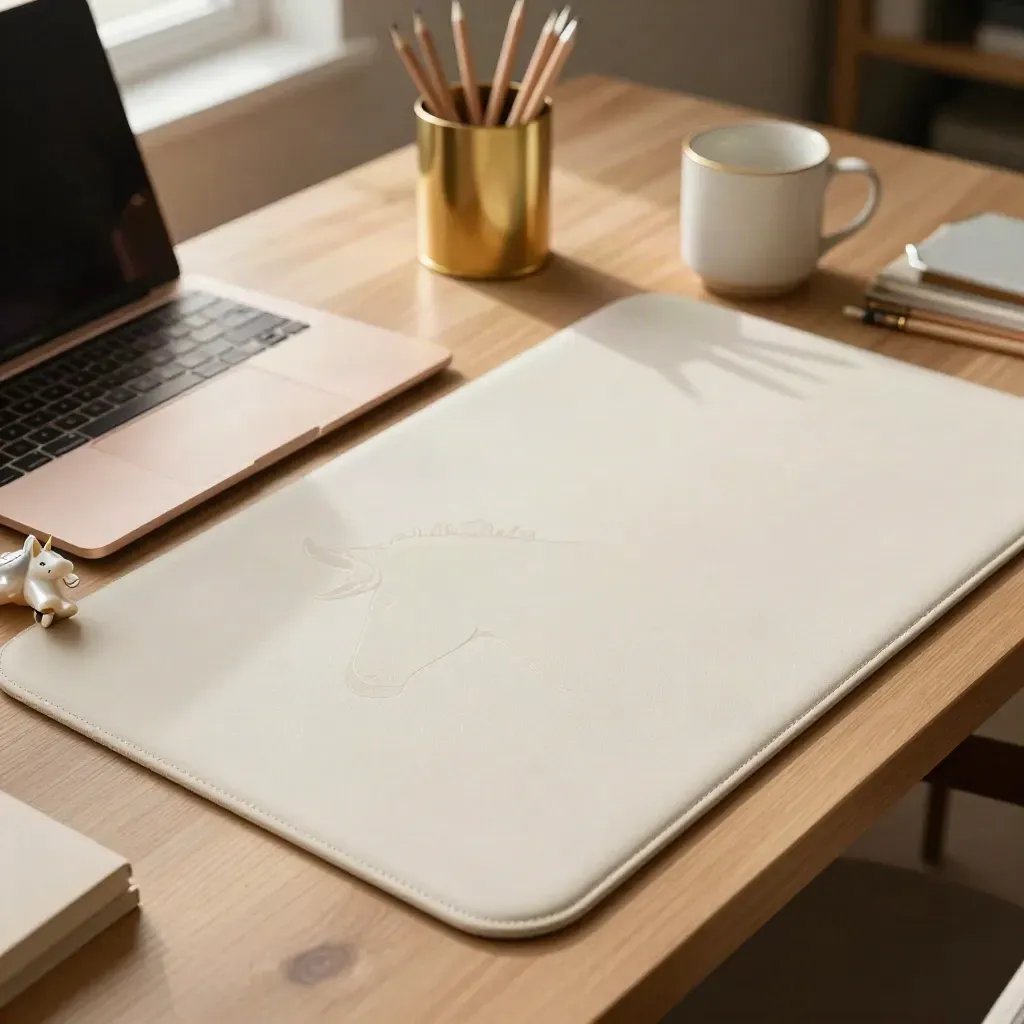 Unicorn desk mat under a slim laptop with mug and brass pencil cup in a warm workspace.