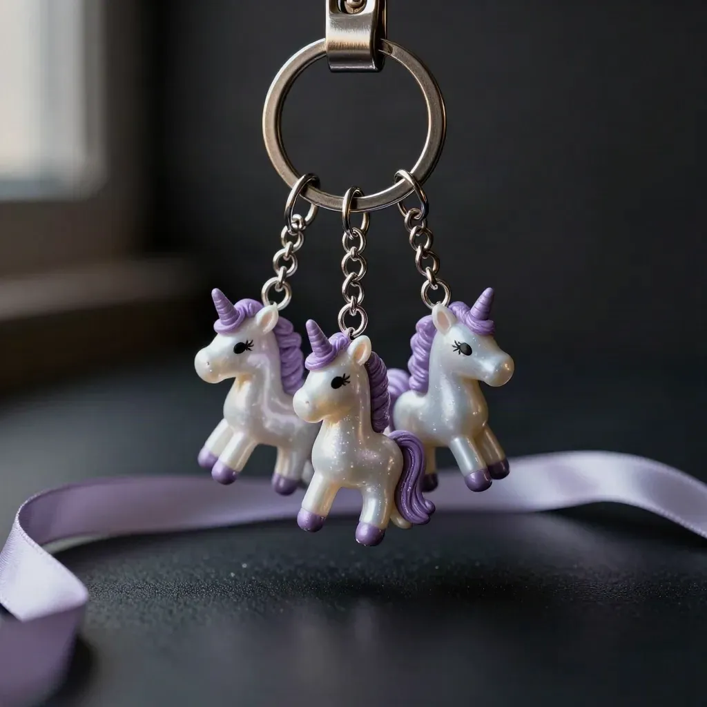 Three unicorn keychains on a metal hook with lavender ribbon in a dark dramatic studio.