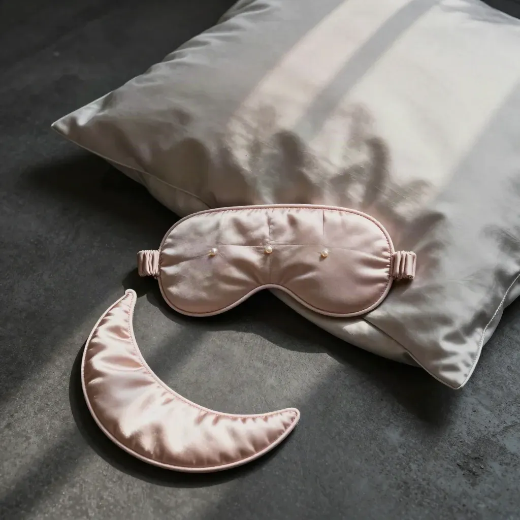 Top-down flatlay of a satin sleep mask, silk pillow and moon pouch on dark stone.