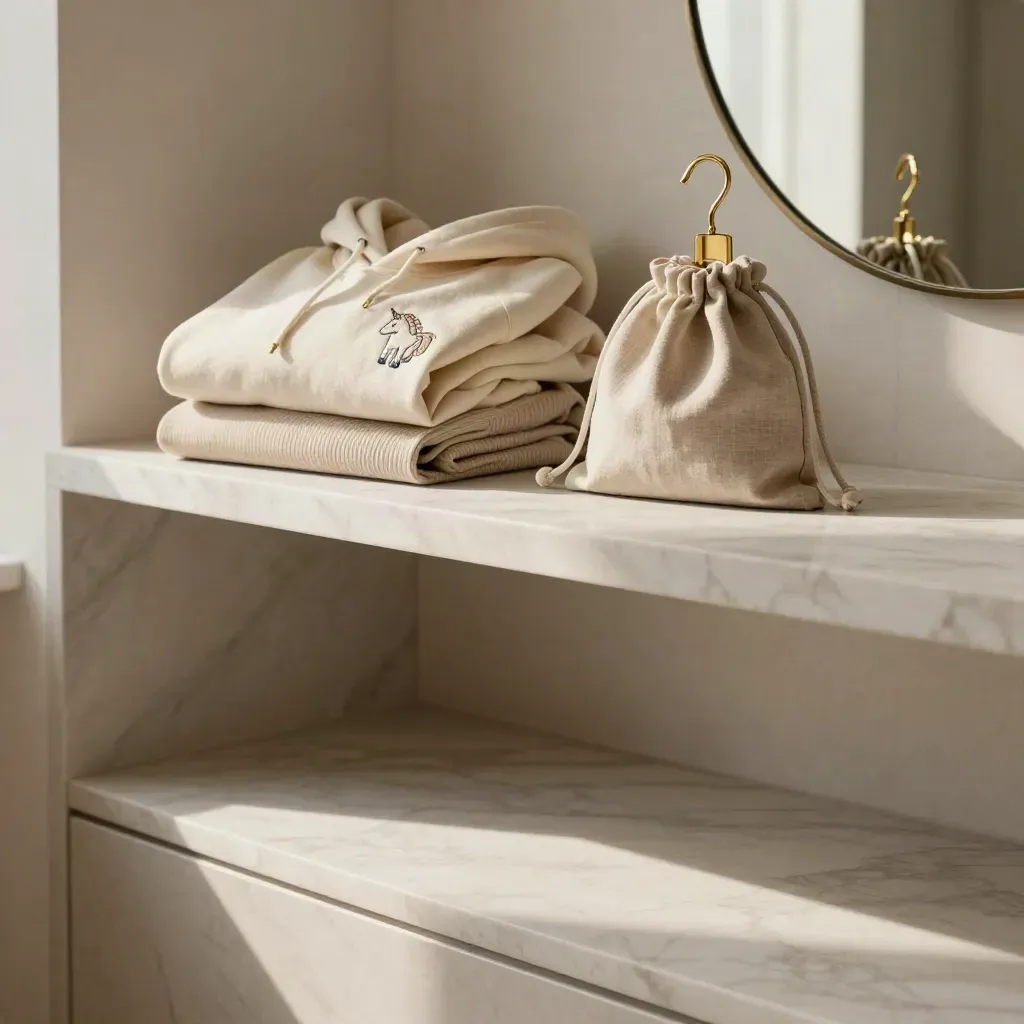 Sunlit marble nook with folded unicorn hoodie, linen, gold accent, and blurred mirror edge.