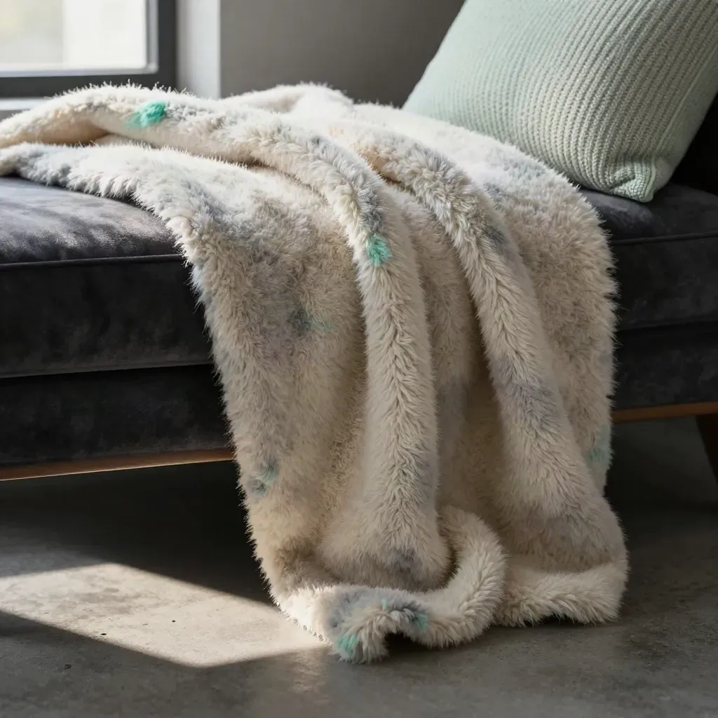 Macro of a fuzzy throw blanket draped over a dark bench beside a knit pillow