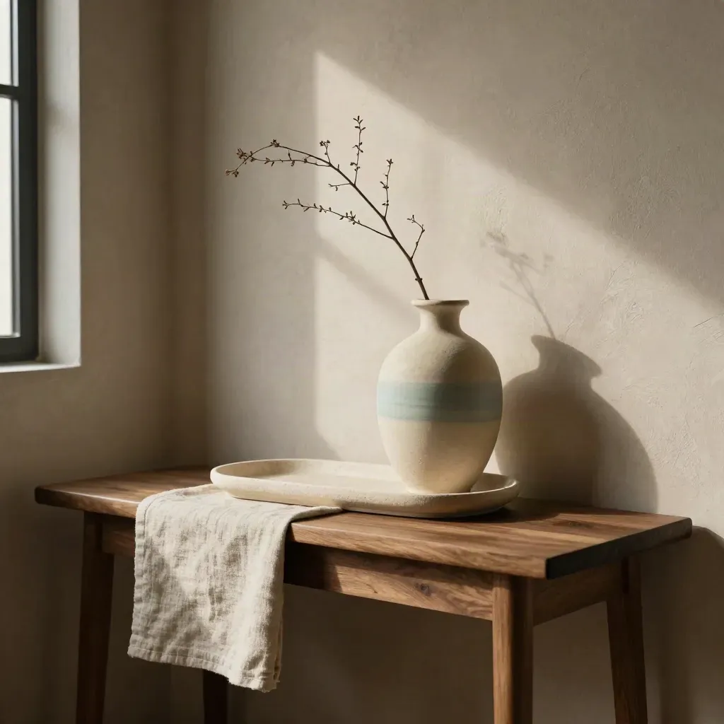 Textured plaster wall, walnut console, blurred vase, and calm copy space in warm neutral light.