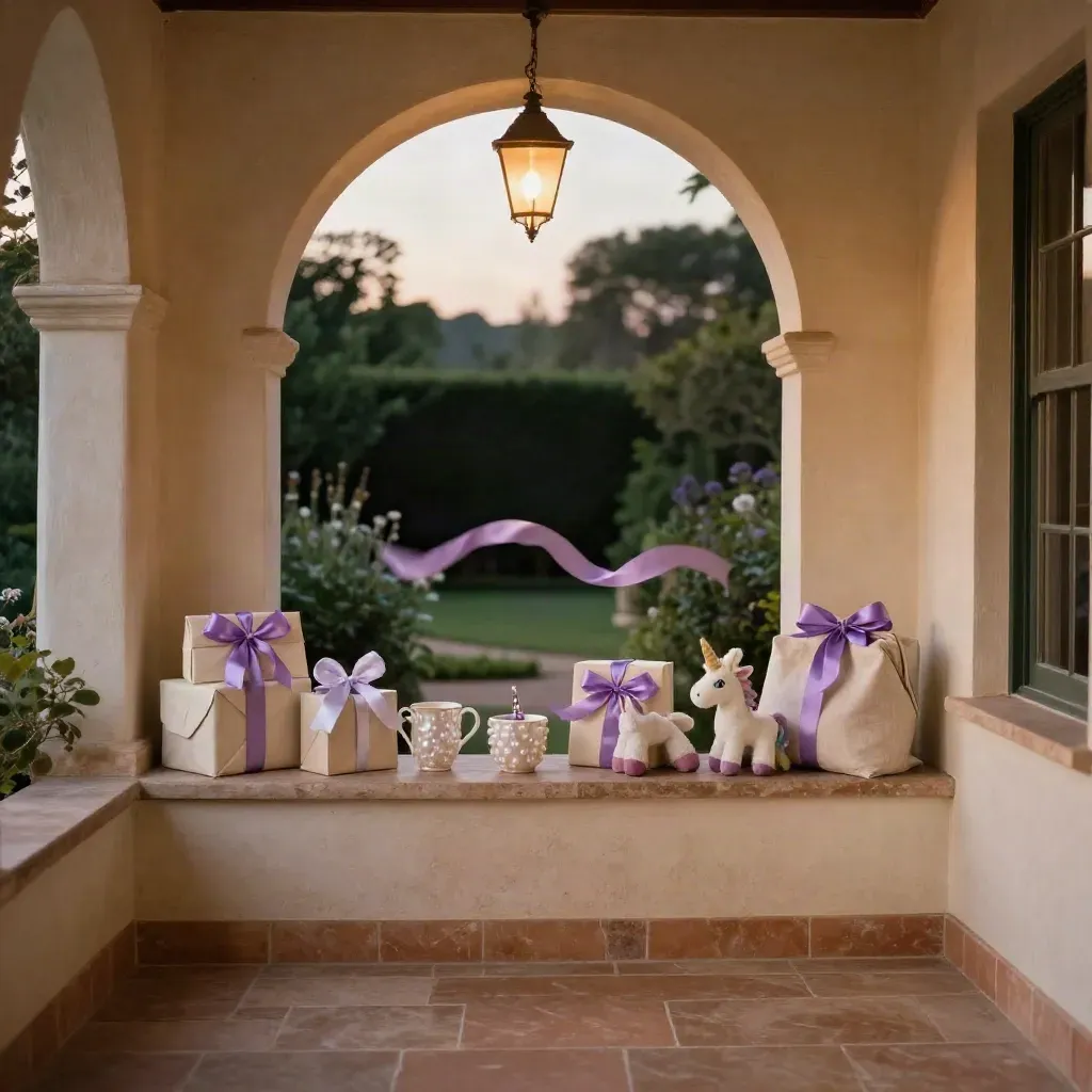 Arched veranda with wrapped unicorn gifts on a ledge, twilight stone floor, calm copy space below