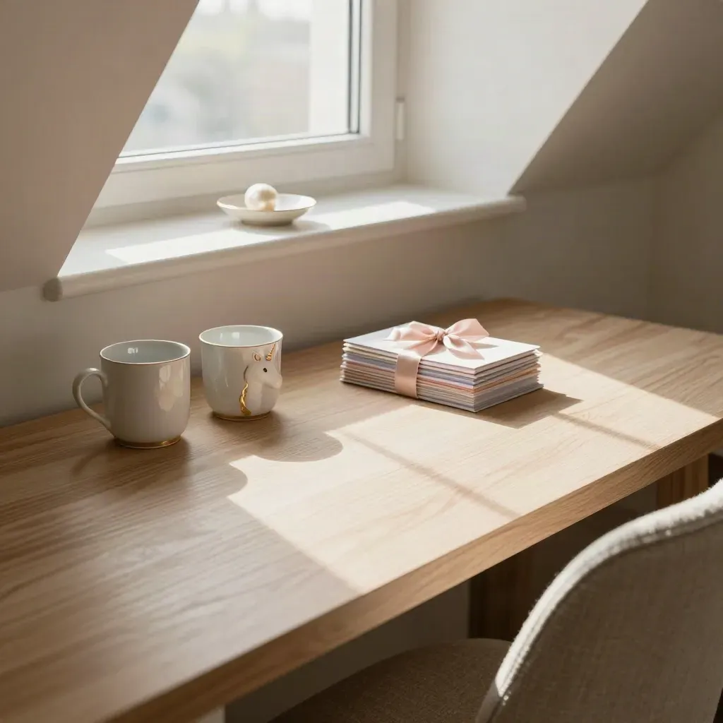 Sunlit attic desk nook with oak, stationery, a unicorn mug, and soft lattice light.