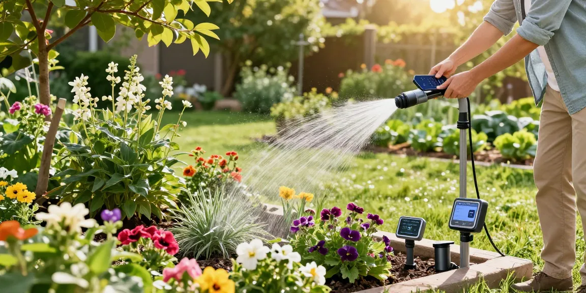 Using rainpoint Irrigation Controllers for a flourishing garden setup, showcasing a homeowner with a smartphone.