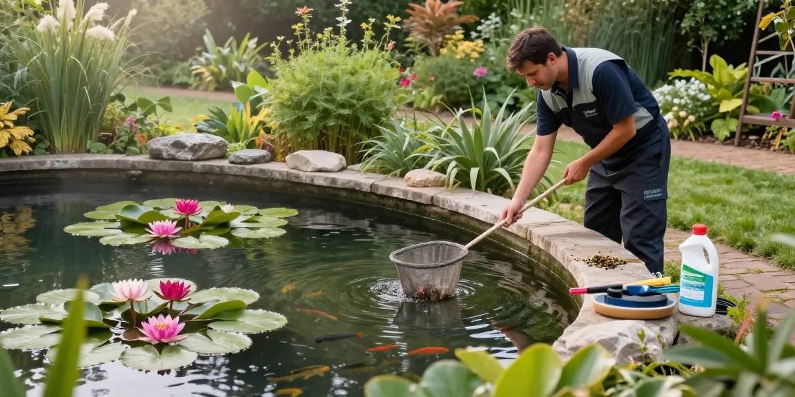 Professional Pond Cleaning London expert inspecting a pristine garden pond surrounded by lush greenery.