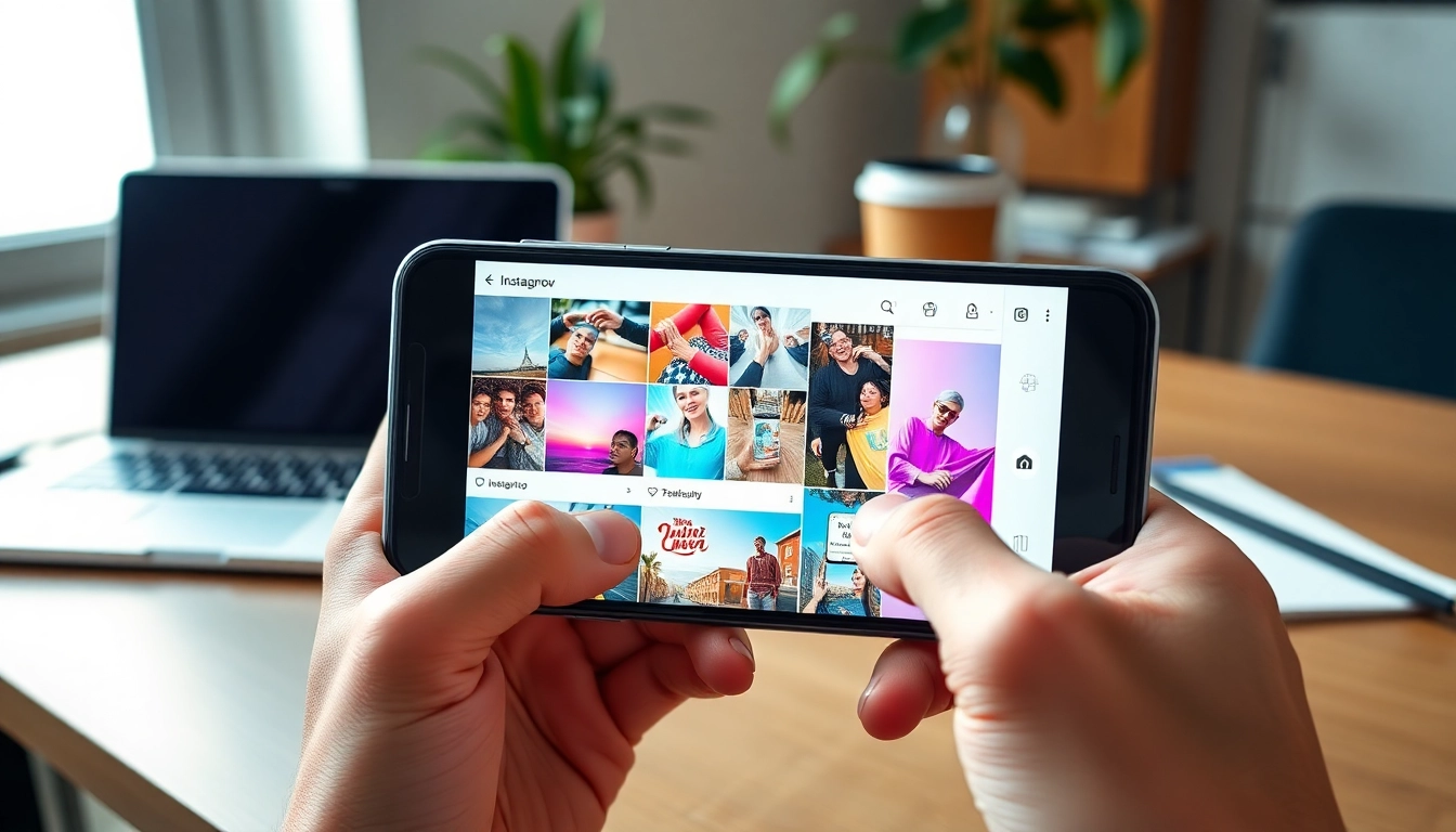 instapro app interface on a smartphone in a modern workspace