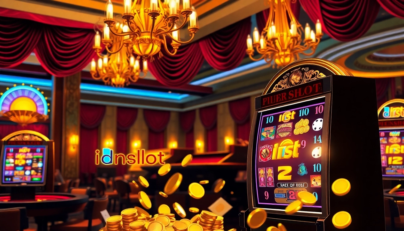 Play the exciting idnslot game at a luxurious casino with vibrant slot machines and thrilling action.