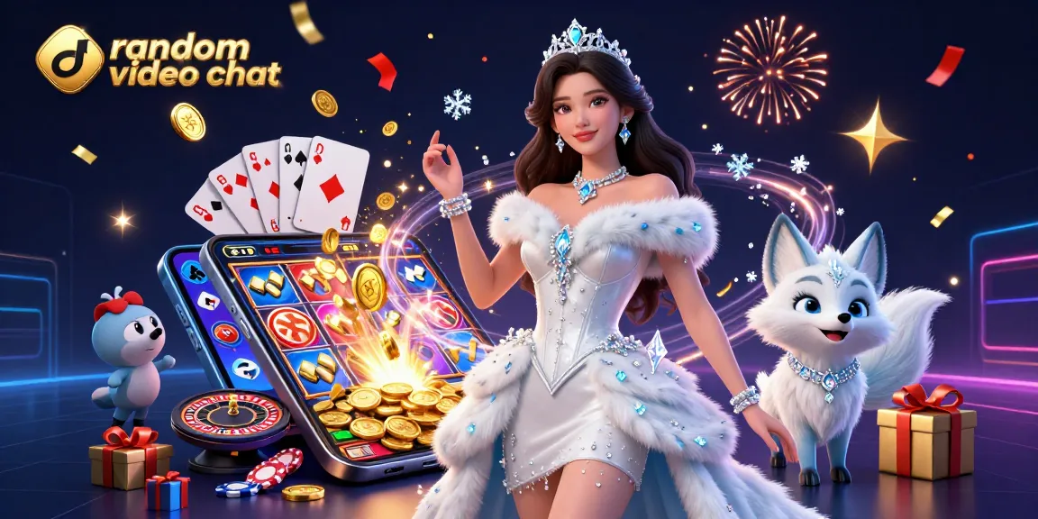 Engage in random video chat with stunning visuals of a glamorous scene featuring slot games, enticing background effects, and vibrant characters.