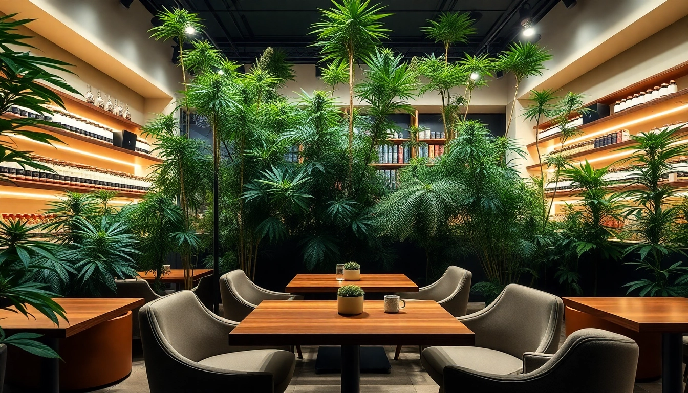 Best Cannabis Clubs Madrid showcase vibrant interiors with stylish seating and lush greenery.