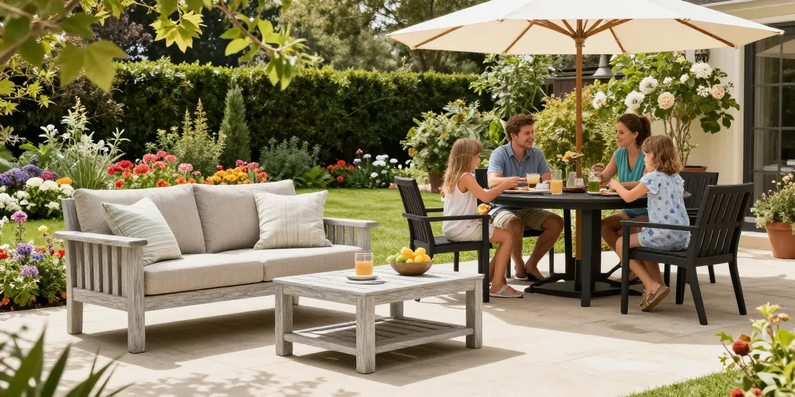 Charming outdoor scene showcasing a family enjoying weather resistant patio furniture, including a driftwood gray Camden Club Chair and sleek black dining set.