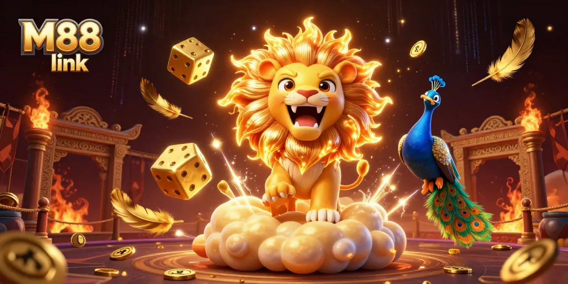Bet on thrilling experiences using the M88 link featuring dynamic casino elements and a sun lion.