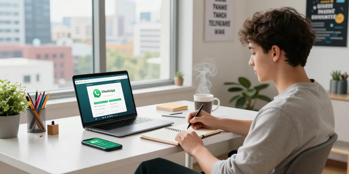 Professional using WhatsApp電腦版 on a laptop in a bright home office setting.