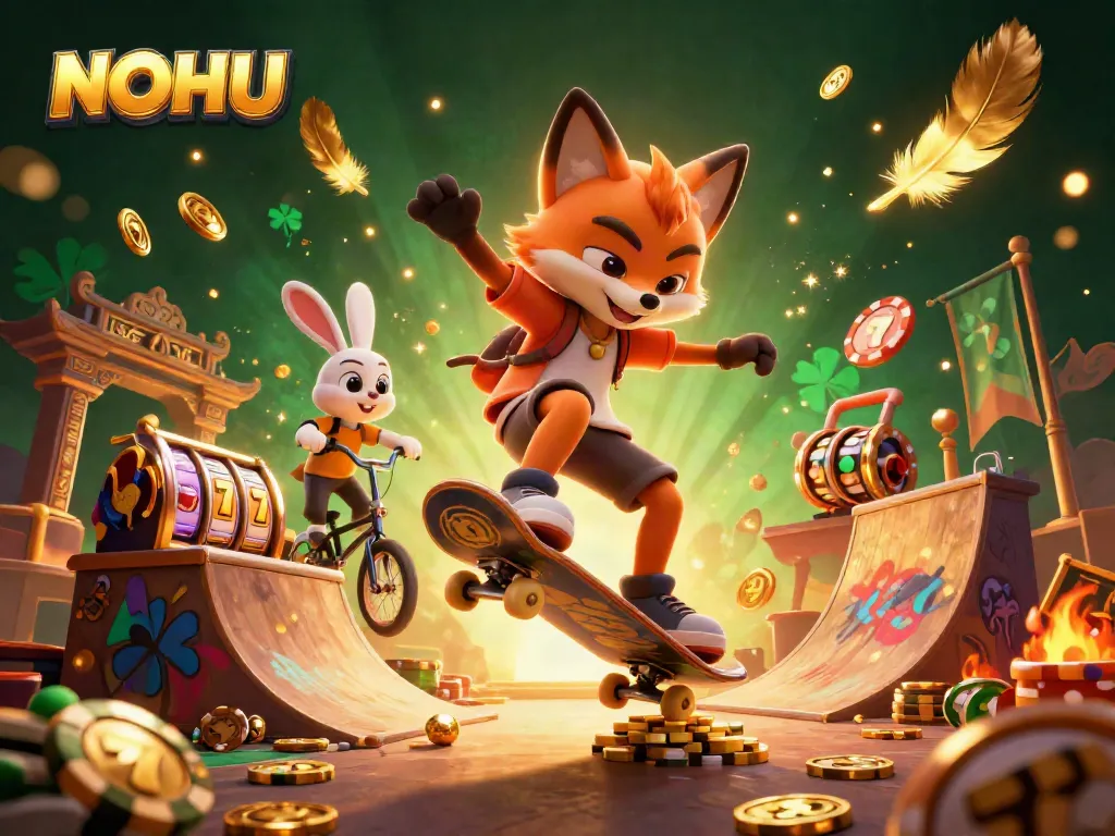 Experience thrilling gaming at NOHU with cartoon characters illustrating dynamic casino action.