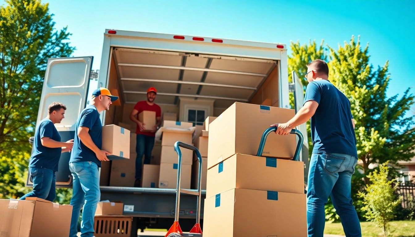 Efficient Toronto moving services with friendly movers packing boxes and a bright truck in a modern setting.