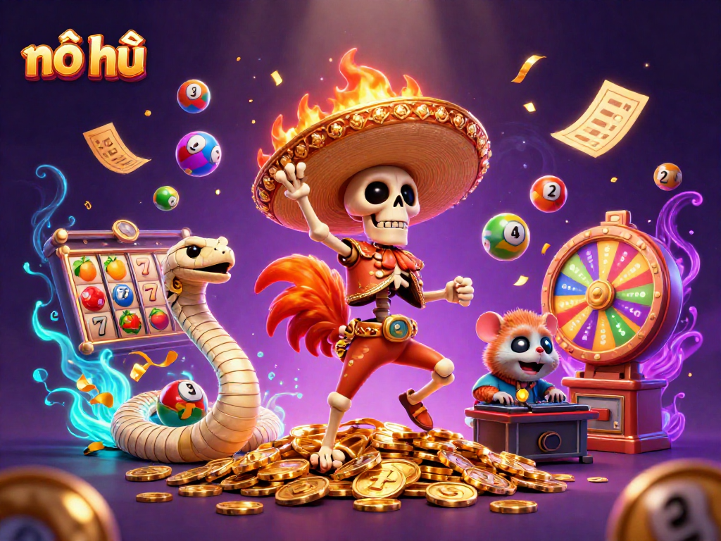 Experience nổ hũ excitement as a cartoon rooster dances on coins, spinning wheels and lottery balls bursting forth!