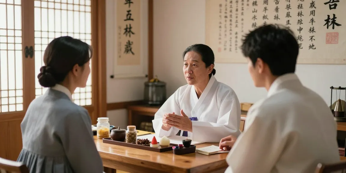 Patient consultation at 수원한의원 emphasizing traditional Korean healing practices with a caring practitioner.
