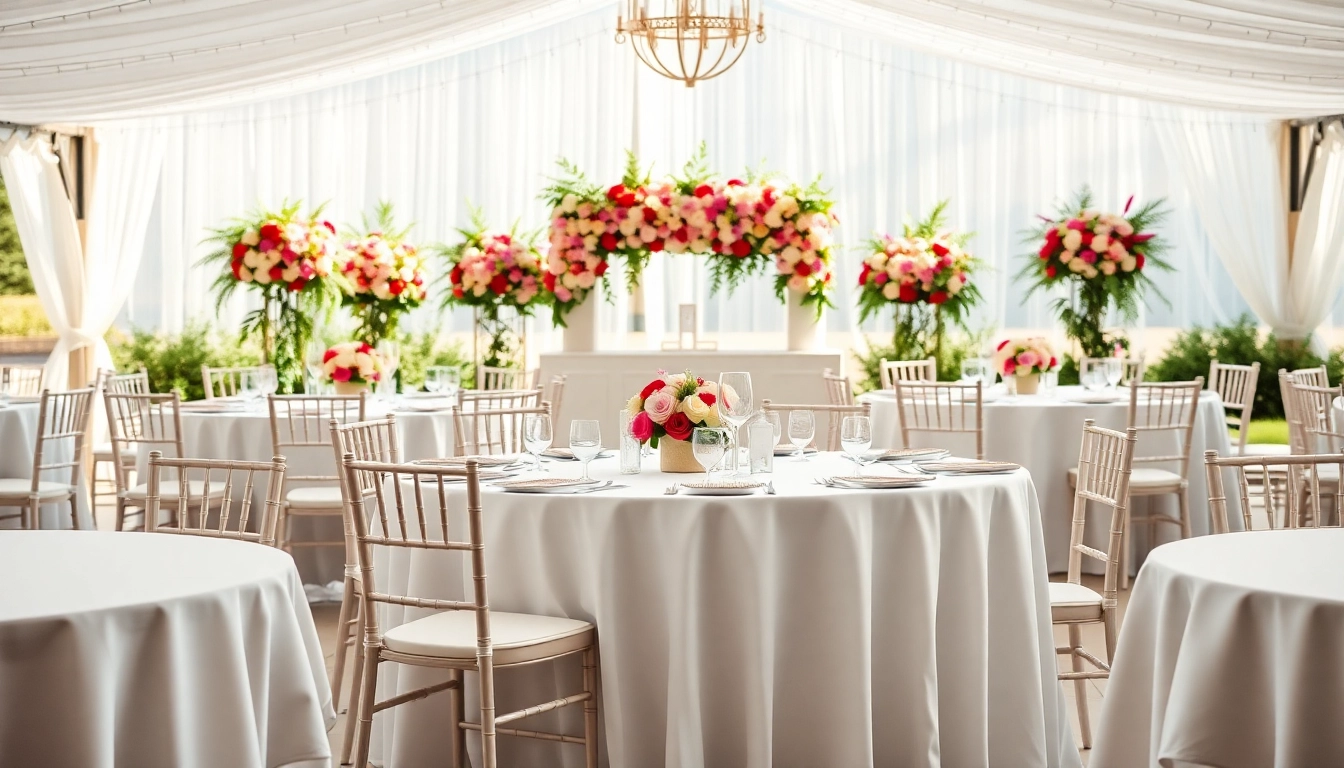 Experience stunning table & chair rentals in an elegant outdoor wedding setup.