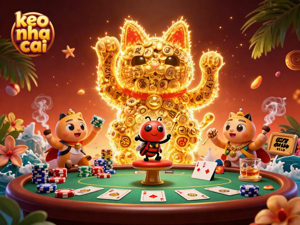 Engage with kèo nhà cái in a dynamic 3D scene featuring a lucky cat and vibrant casino elements.