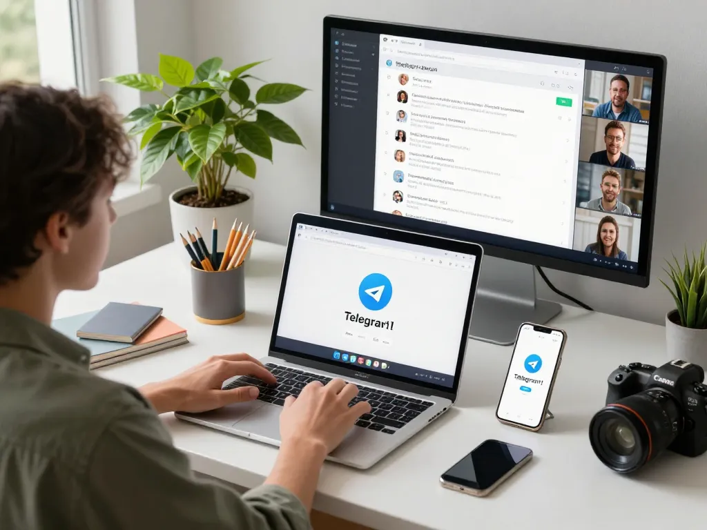 Engaging with the Telegram 中文 app on a modern MacBook in a bright workspace.