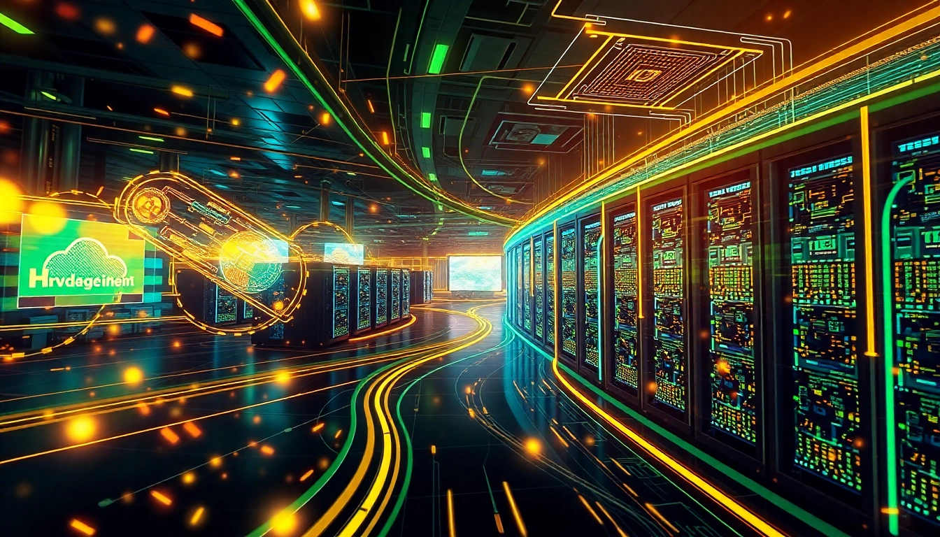 Illustration of dogecoin cloud mining with abstract data streams and secure data centers.