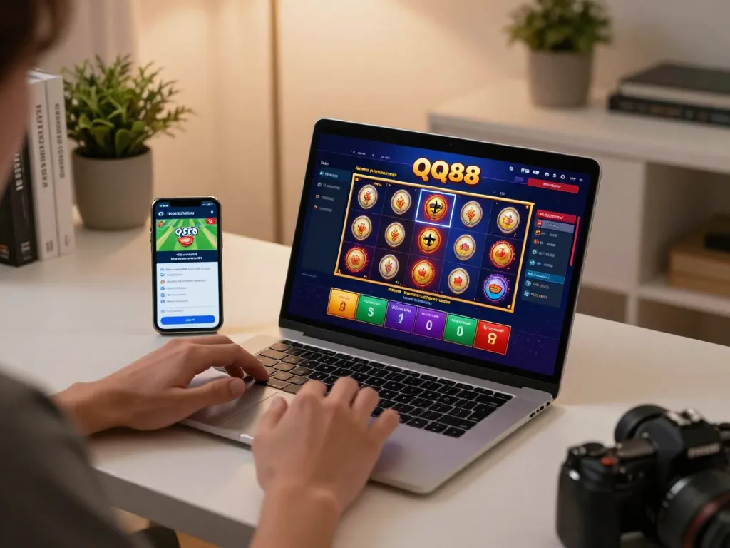 Engaged player exploring QQ88 online gaming options on a laptop and smartphone, showcasing vibrant casino interface.