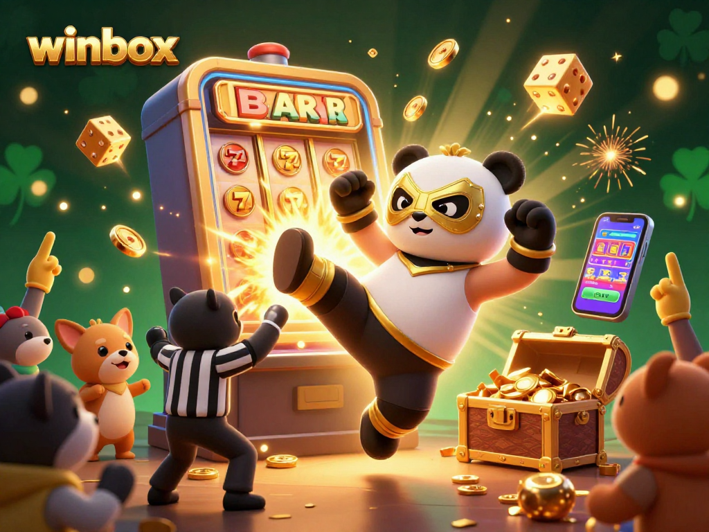 Winbox showcases a thrilling scene with a wrestling panda, winning animals, and bursting slot machine elements.