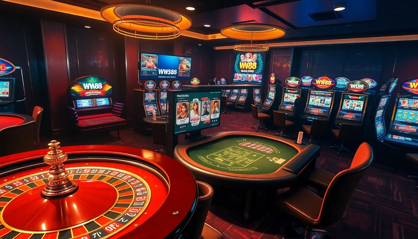 Exciting WW88 online casino scene with roulette and poker tables, vibrant chips, and modern slot machines.