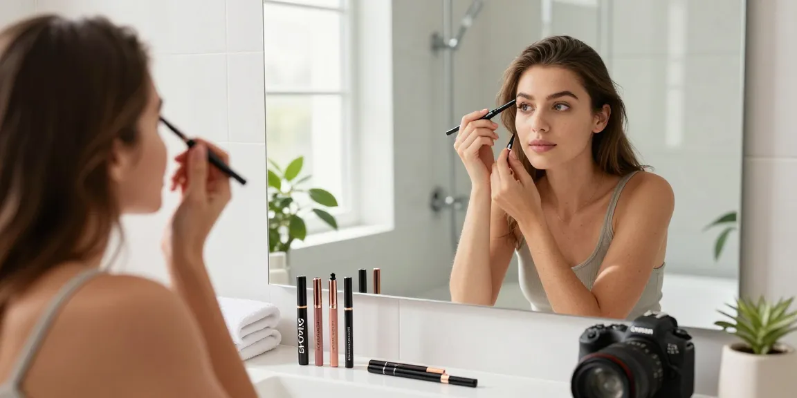 Woman applying eyebrow pen in a bright bathroom with Skone Cosmetics products.