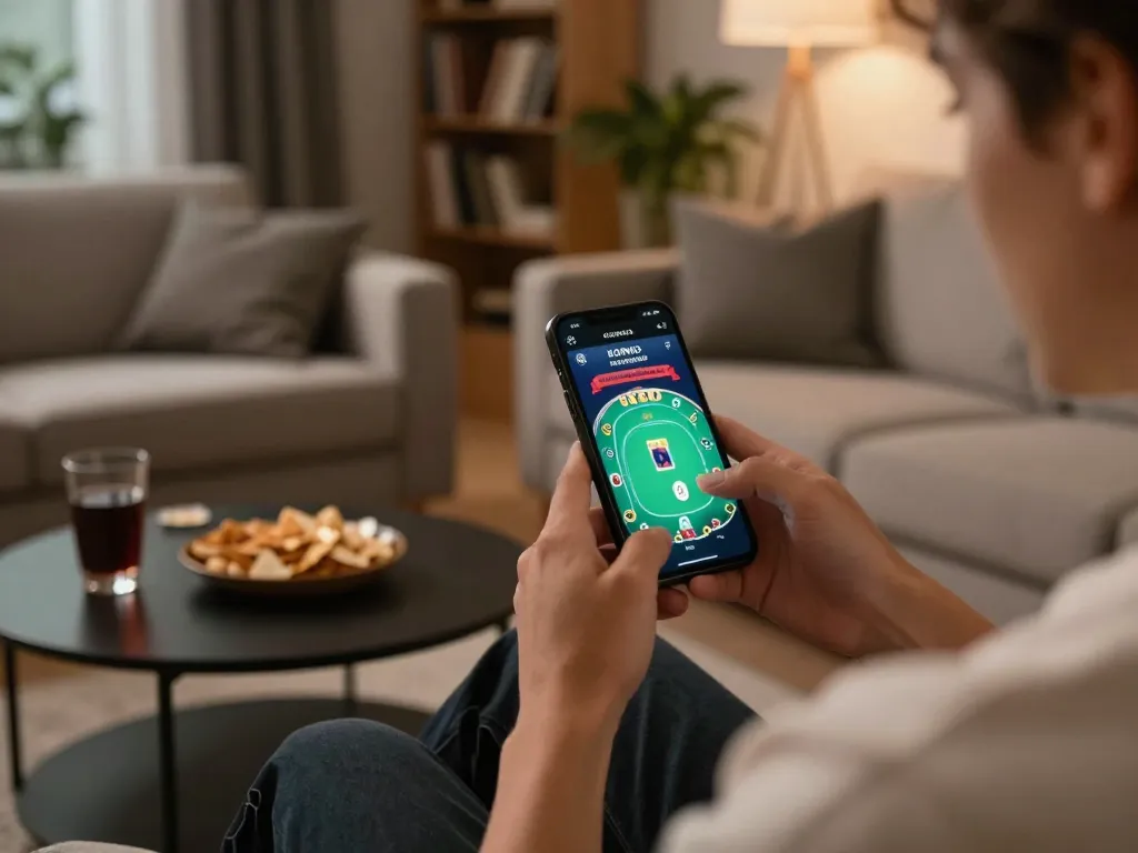 KOINID gaming on a smartphone showing a dynamic poker interface in a cozy home.