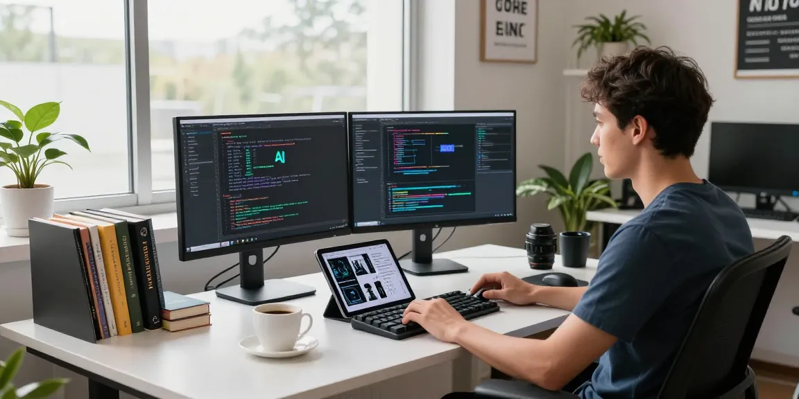 Kobold AI developer in a modern tech workspace focusing on innovative AI development with multiple monitors and design tools.