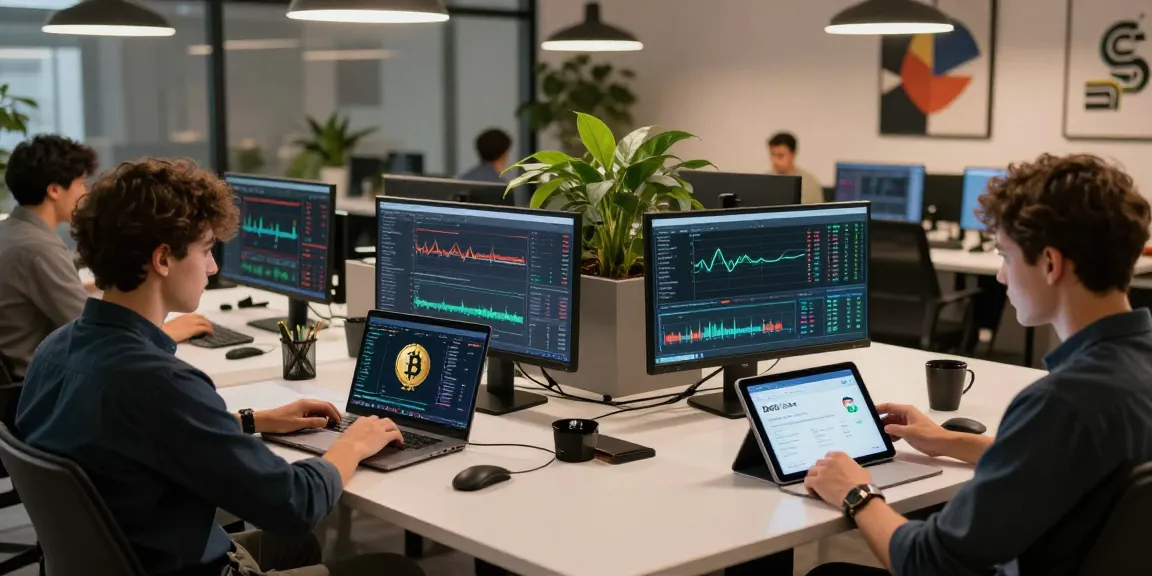 mining bitcoin online in a modern crypto trading workspace with multiple monitors and DeFi platforms visible.