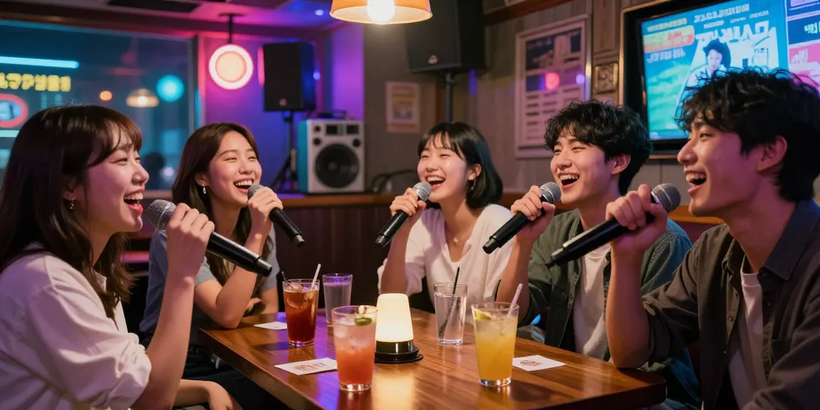 Jeju Island nightlife experience at a karaoke bar, showcasing 제주도유흥 with friends enjoying drinks and singing.