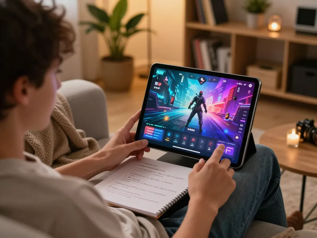 Engaged player enjoying an nsfw game on tablet at home with vibrant atmosphere and strategic notes.
