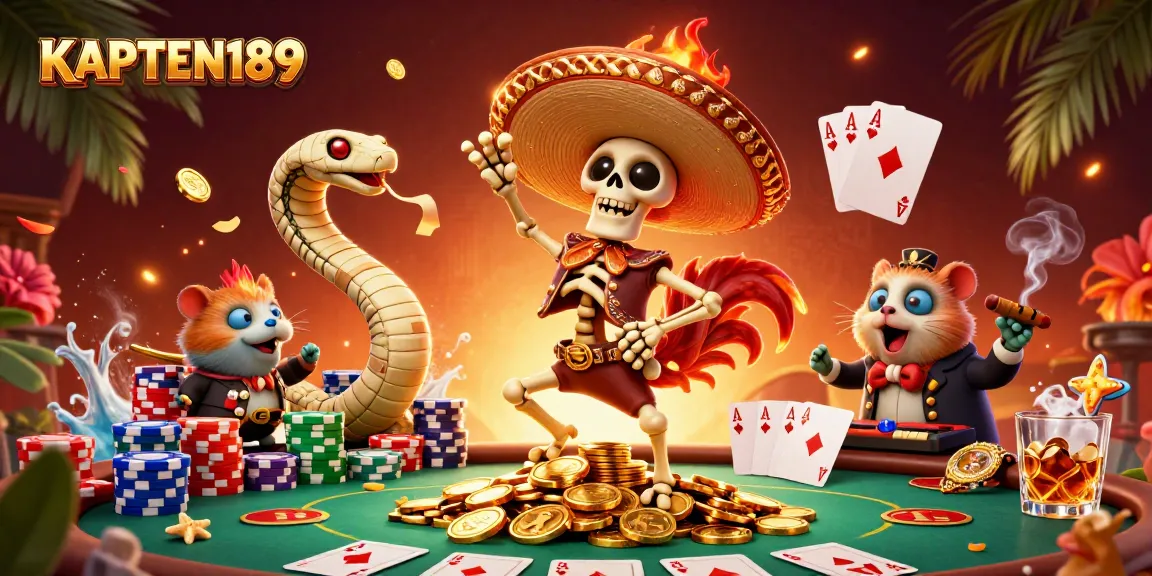 KAPTEN189 memanggil pemain untuk meraih kemenangan dalam suasana kasino yang ramai dengan tumpukan chip dan kartu poker.