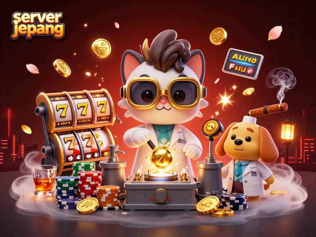 Engage in thrilling gameplay with server jepang, featuring a mad scientist cat creating gold coins amidst vibrant casino elements.