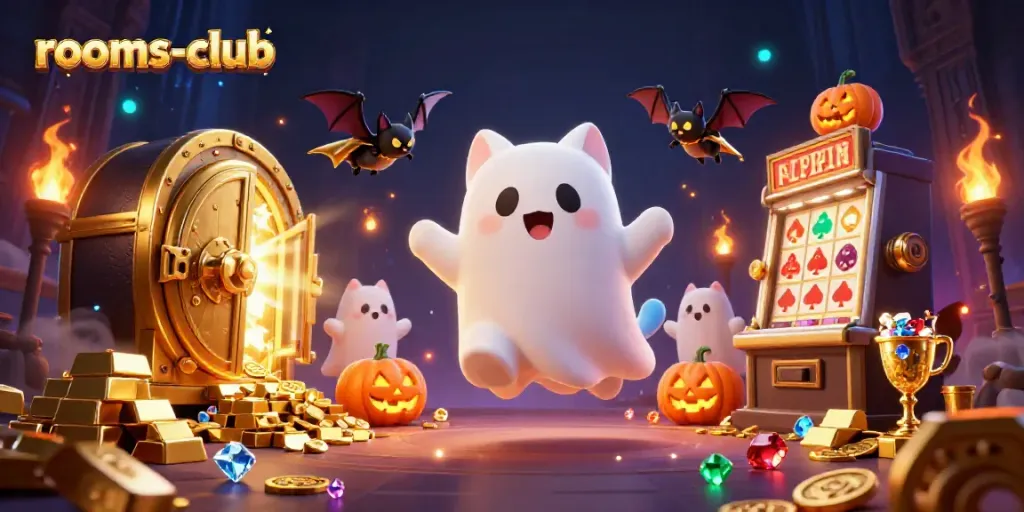 Ruang gamer dengan karakter kucing hantu di kasino, mesin slot dan jack-o-lantern, rooms-club