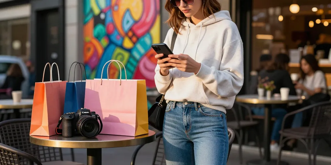 Enthusiastic shopper exploring trendy items on shs-dome5.com amidst vibrant urban lifestyle.